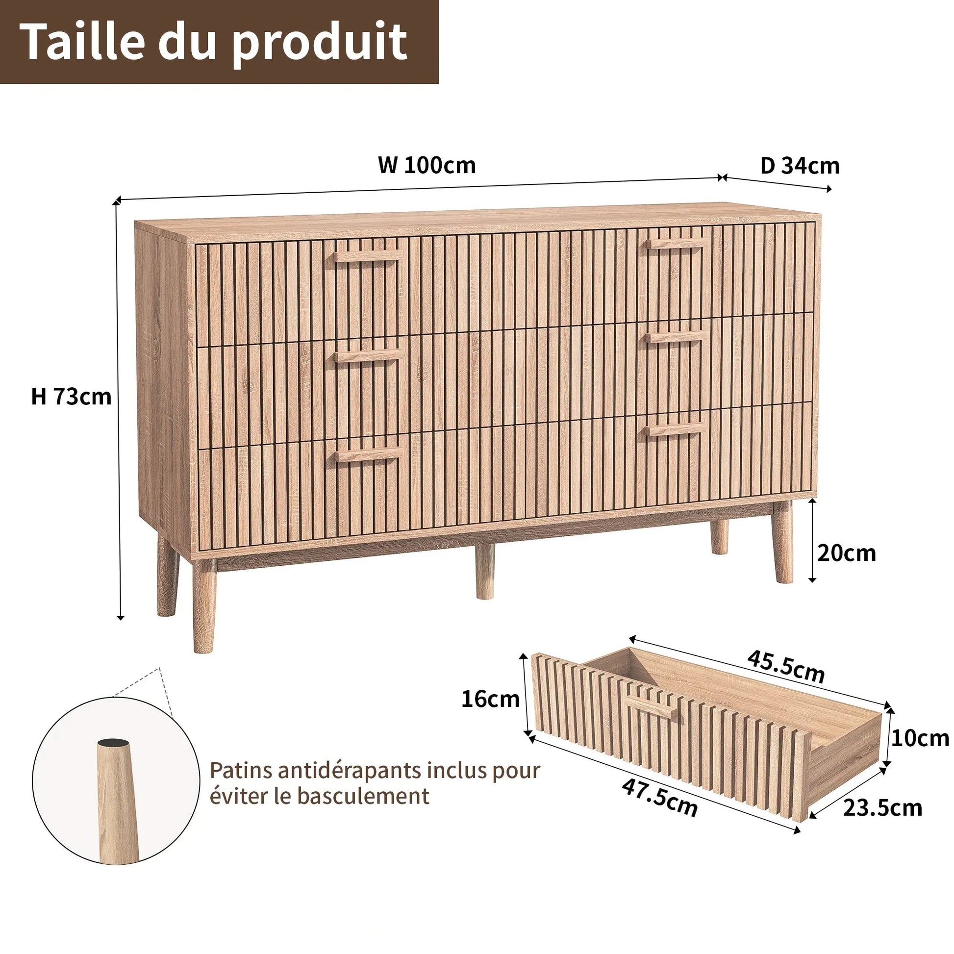 Dimension commode 6 tiroirs en bois - Espace Enfant